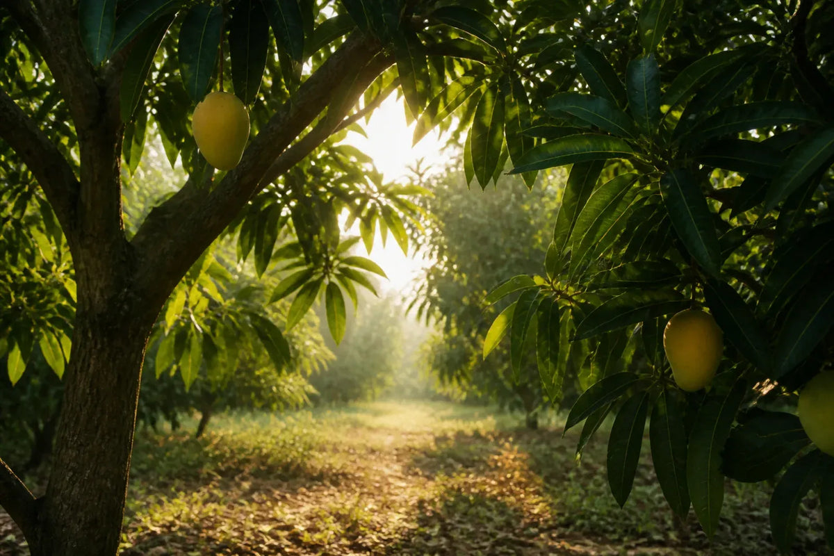 Sunlight passing through a mango orchard