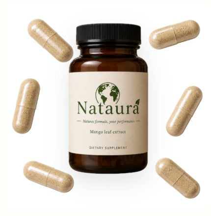 Nataura Mango Leaf Extract bottle surrounded by capsules