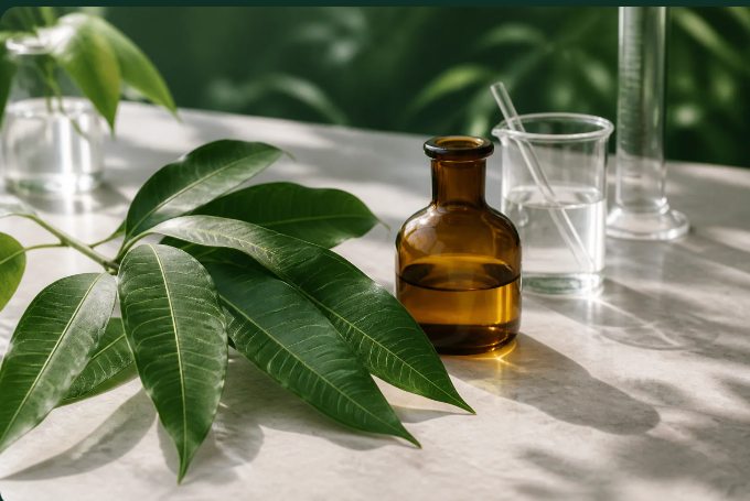 Mango leaves and botanical extract in a lab setting