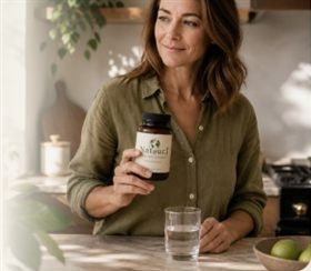 Woman holding Nataura in a sunlit kitchen
