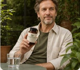 Man holding Nataura on a garden patio
