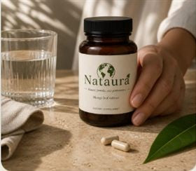 Nataura beside water capsules and a mango leaf